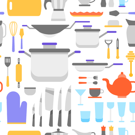 Kitchen tools collection, vector seamless pattern with iconsのイラスト素材