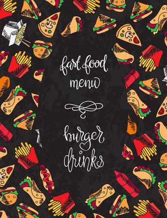 Fast food menu. Set of icons on the vector background. french fries, hamburger, sweet potato fries, hot dog icecreamのイラスト素材