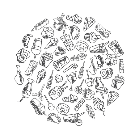 Fast food menu. Set of icons on the vector background. french fries, hamburger, sweet potato fries, hot dog icecreamのイラスト素材