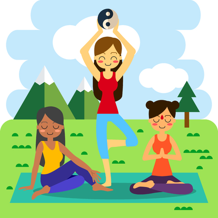 Vector illustration. Woman practicing yoga. In asana Vrikshasana.のイラスト素材
