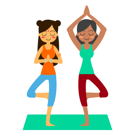 Vector illustration. Woman practicing yoga. In asana Vrikshasana.のイラスト素材