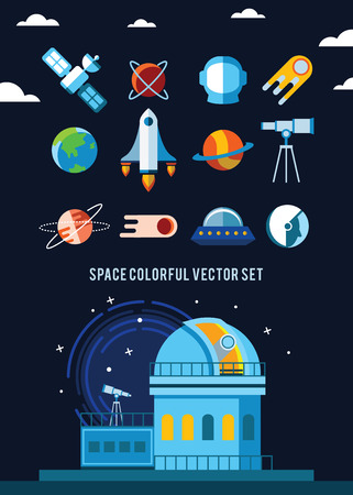 Set of Vector Icons and Illustrations in Flat Design Style. Planets, Rockets, Starsの写真素材