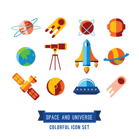 Set of Vector Icons and Illustrations in Flat Design Style. Planets, Rockets, Starsの写真素材
