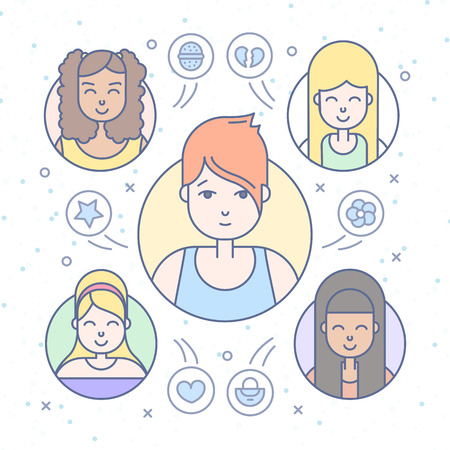 Linear Flat people faces vector icon set, illustrations set.のイラスト素材