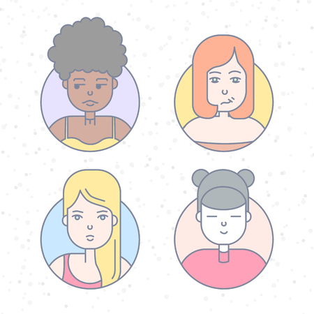Linear Flat people faces vector icon set, illustrations set.のイラスト素材
