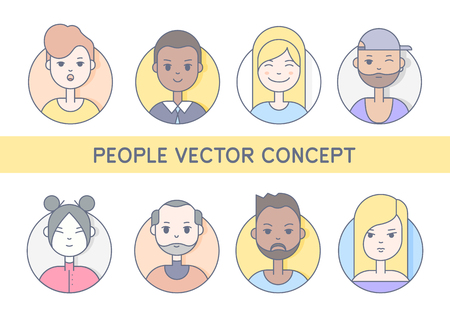 Linear Flat people faces vector icon set. Social media avatar, userpic and profiles.のイラスト素材