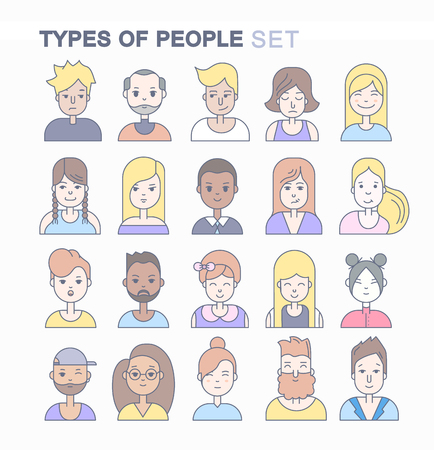 Linear Flat people faces vector icon set. Social media avatar, userpic and profiles.のイラスト素材