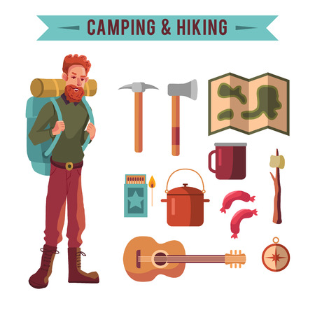 Camping flat set with hiking equipment vector icons setのイラスト素材