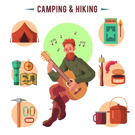 Camping flat set with hiking equipment vector icons setのイラスト素材