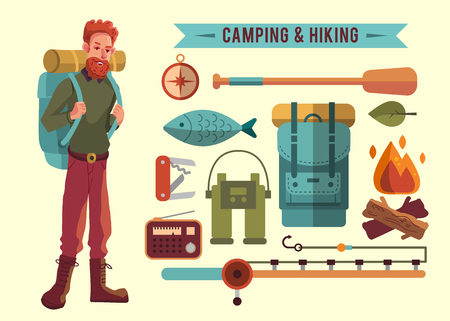 Camping flat set with hiking equipment vector icons setのイラスト素材