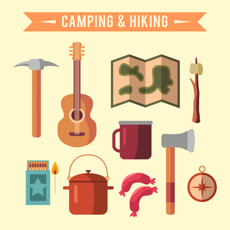 Camping flat set with hiking equipment vector icons setのイラスト素材