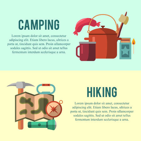 Camping flat set with hiking equipment vector illustrationのイラスト素材