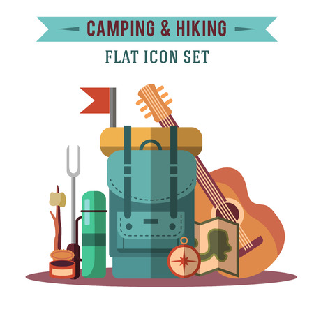 Camping flat set with hiking equipment vector illustrationのイラスト素材