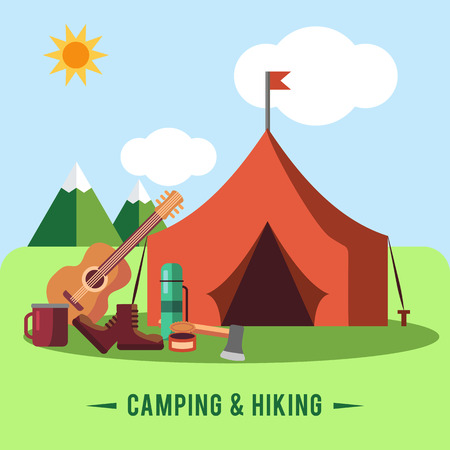 Camping flat set with hiking equipment vector illustrationのイラスト素材