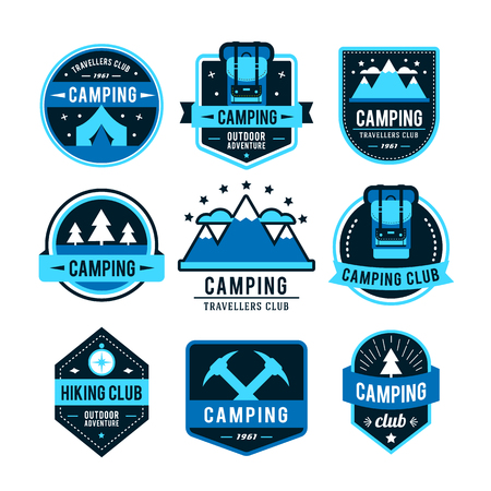 Camping flat set with hiking equipment vector logoのイラスト素材