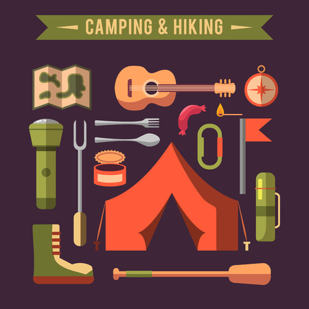 Camping flat set with hiking equipment vector icons setのイラスト素材