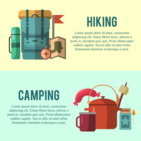 Camping flat set with hiking equipment vector icons setのイラスト素材
