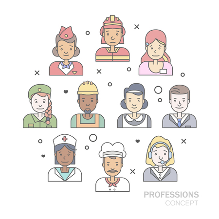Linear Flat people faces and professions vector illustration.のイラスト素材