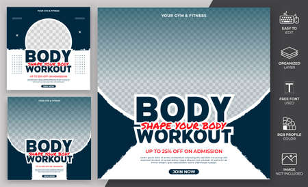 Set of Modern Social Media Post Template Vector Design. Gym Social Media Template Can be Use for Promotion and Marketing.のイラスト素材
