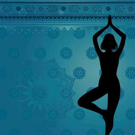 Blue yoga and meditation background with flowers and elephantsのイラスト素材