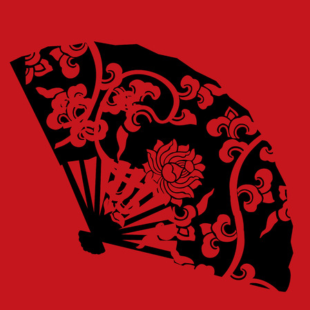Asian black fan with red traditional lotus patternのイラスト素材