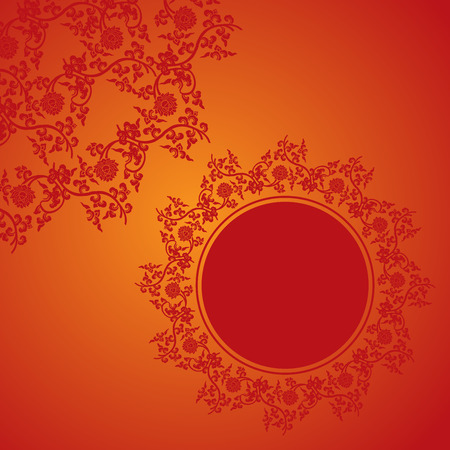 Traditional red Chinese lotus pattern background with round banner for textのイラスト素材