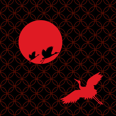 Traditional Japanese pattern background with red sun and flying cranesのイラスト素材