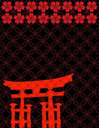 Traditional Japanese pattern background with red temple gate and cherry blossom flowersのイラスト素材
