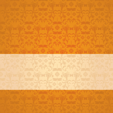 Vintage orange classical flower and dragonfly kimono pattern background with horizontal banner for textのイラスト素材