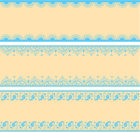 Set of blue and cream traditional Indian henna pattern horizontal banners with space for textのイラスト素材