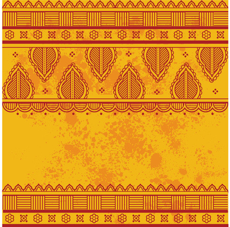 Traditional Asian henna border design on grunge textured yellow background with space for textのイラスト素材
