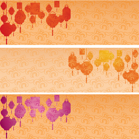 Set of colorful Asian traditional cloud pattern horizontal banners with hanging lanterns and space for textのイラスト素材