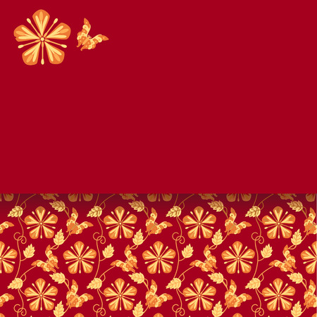 Classical Asian kimono style flower and butterfly pattern horizontal card design with space for textのイラスト素材