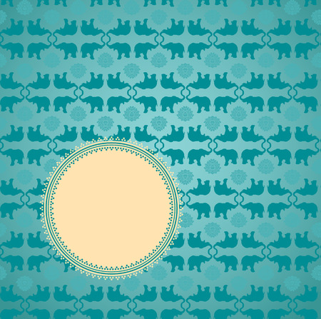 Vintage blue classical oriental elephant and lotus pattern background with round banner for textのイラスト素材