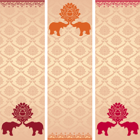 Set of colorful vintage Asian lotus pattern vertical banners with henna elementsのイラスト素材