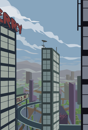 Cartoony Cityscape.  Looking out from elevated position out and down towards the city.のイラスト素材