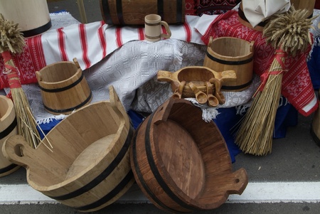 Belarus, September 2010. Sale of wooden utensils at the fair.のeditorial素材