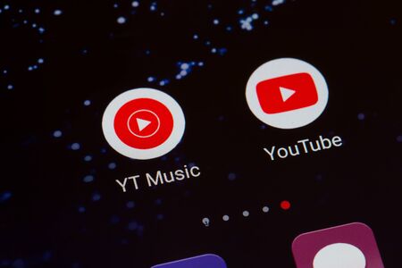 Kiev, Ukraine - December 06, 2018: YouTube Music logo on the smartphone screen close up. YT Music.のeditorial素材