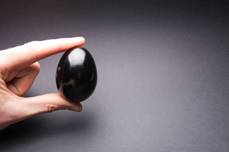 Male hand holding a black chicken egg on a gray background.の写真素材