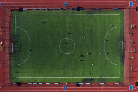 Kiev, Ukraine - April 03, 2019: Street sports field with a football field. Shooting from the drone from aboveのeditorial素材