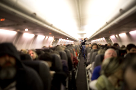 Blurred interior of an airplane with passengers.