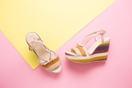 Female summer sandals on a yellow-pink background close-up.の写真素材