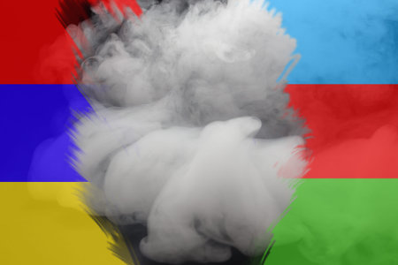 Armed conflict Armenia and Azerbaijan. Flags of Armenia and Azerbaijan in the smoke.