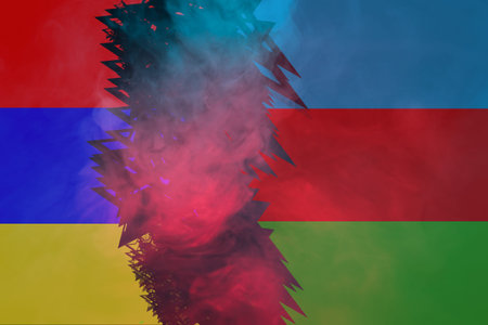Armed conflict Armenia and Azerbaijan. Flags of Armenia and Azerbaijan in the smoke.