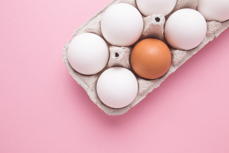 Tray with chicken eggs on a pink background. A brown egg among white. The concept of individuality.の写真素材