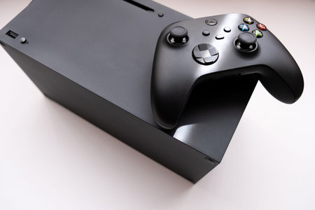 Joystick controller for playing on the new xbox series x console. Kiev, Ukraine - April 21, 2021