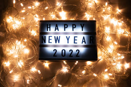 Happy New Year 2022. Christmas lights with the inscriptionの写真素材