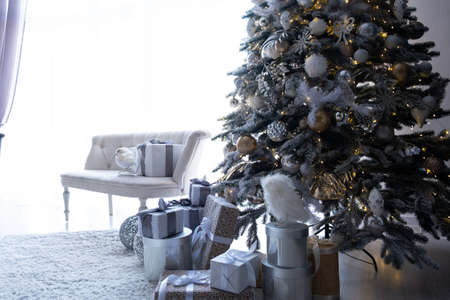 Beautiful Christmas tree indoors with white space for textの写真素材