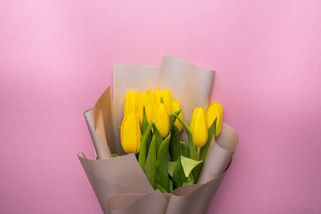 Bouquet of yellow tulips on a pink background.の写真素材