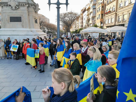 Tarragona, Spain- April 10, 2022: Flag of Ukraine as a sign of the countrys support against the war.のeditorial素材